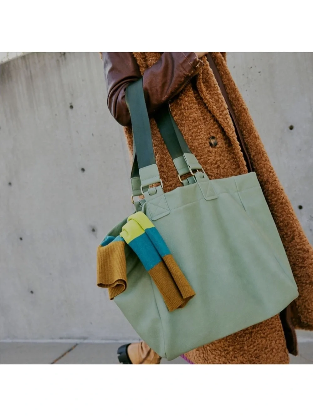 Free People Mint Green Canvas Tote with Dark Green Straps